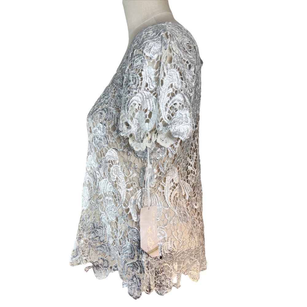RD Style Silver Cotton Floral Lace Top Size M NWT Holiday Cocktail Party Easter - Picture 4 of 6